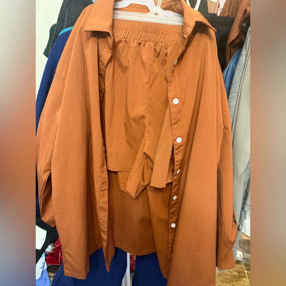 Rust Orange Button-Up Shirt and Shorts Set
